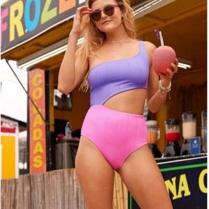 NWT AERIE Asymmetrical Crinkle Cut Out One Piece Monokini Swimsuit Pink Purple